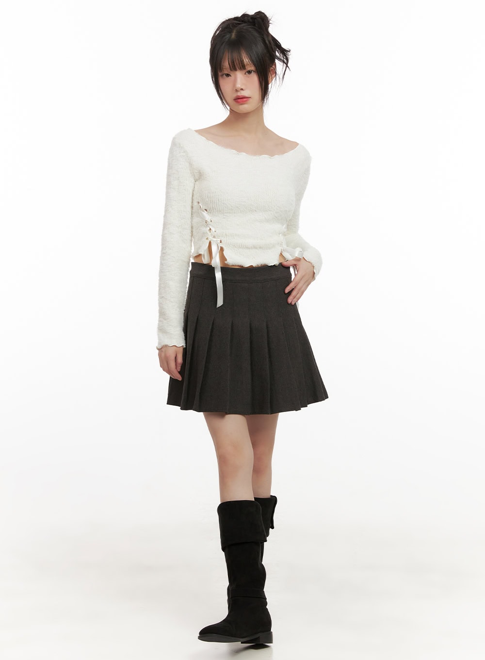 Ribbon Boat-Neck Long-Sleeve Crop Top CJ501