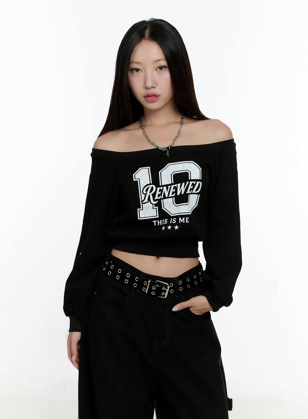 Graphic Off-shoulder Crop Sweatshirt CS517