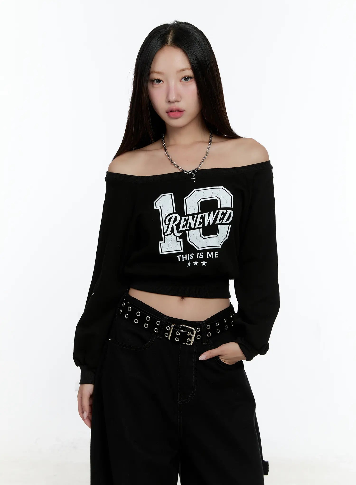 Graphic Off-shoulder Crop Sweatshirt CS517