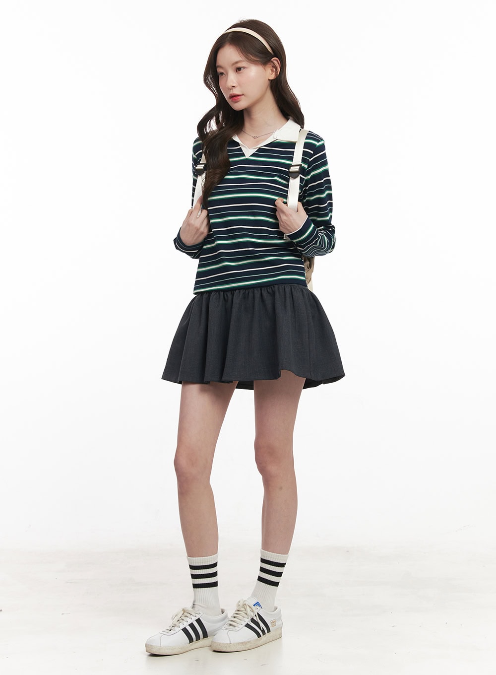 Striped Long-Sleeve Collared Top CM511