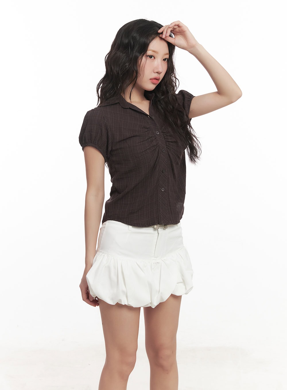 Shirred Checkered Crop Collared Shirt CA521