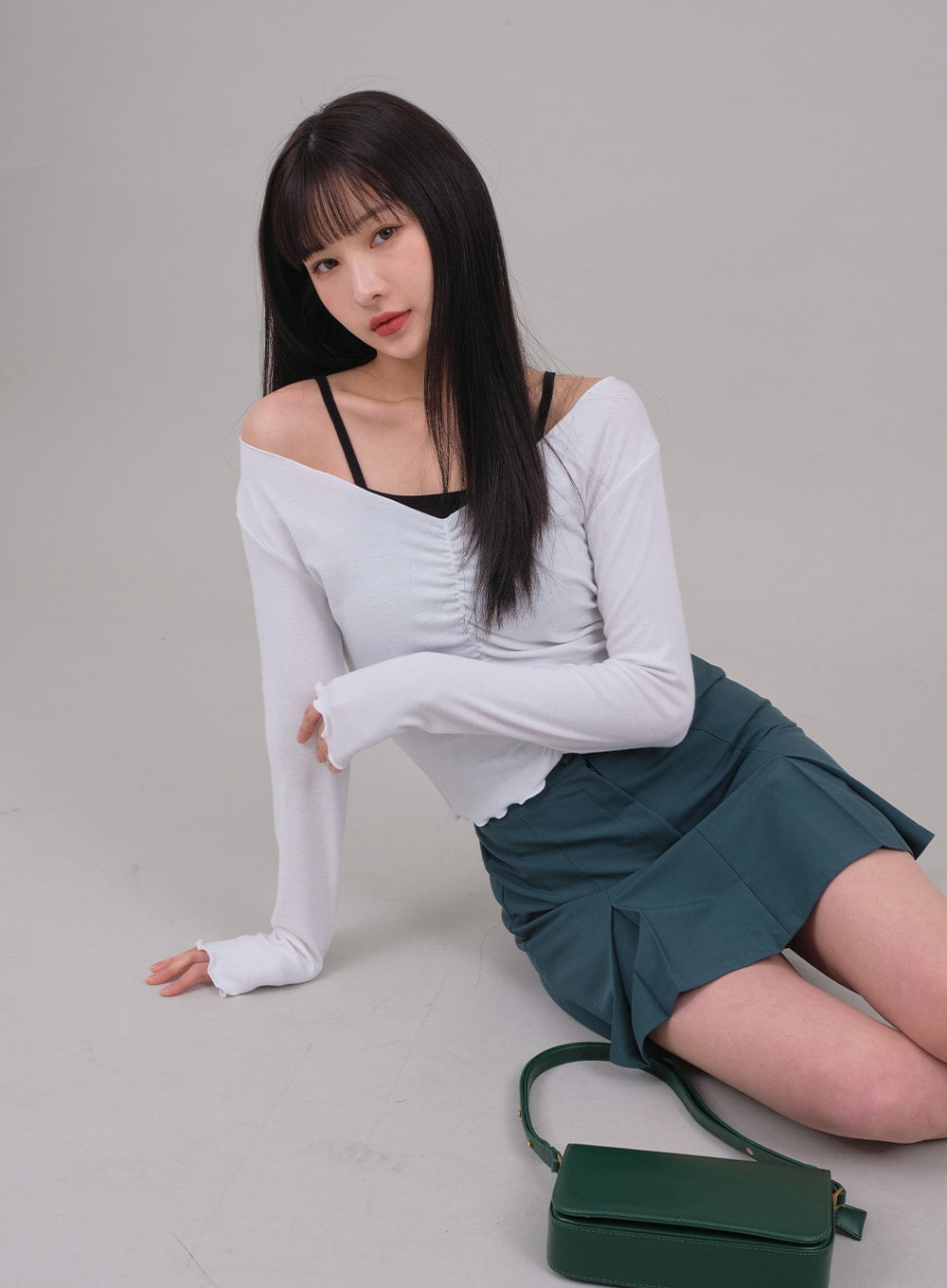 Cropped Long Sleeve Top with Front Shirring C2701