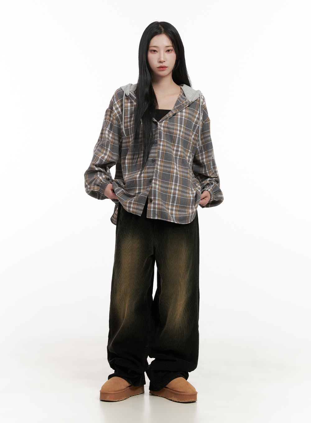 Buttoned Check Hooded Blouse CD410