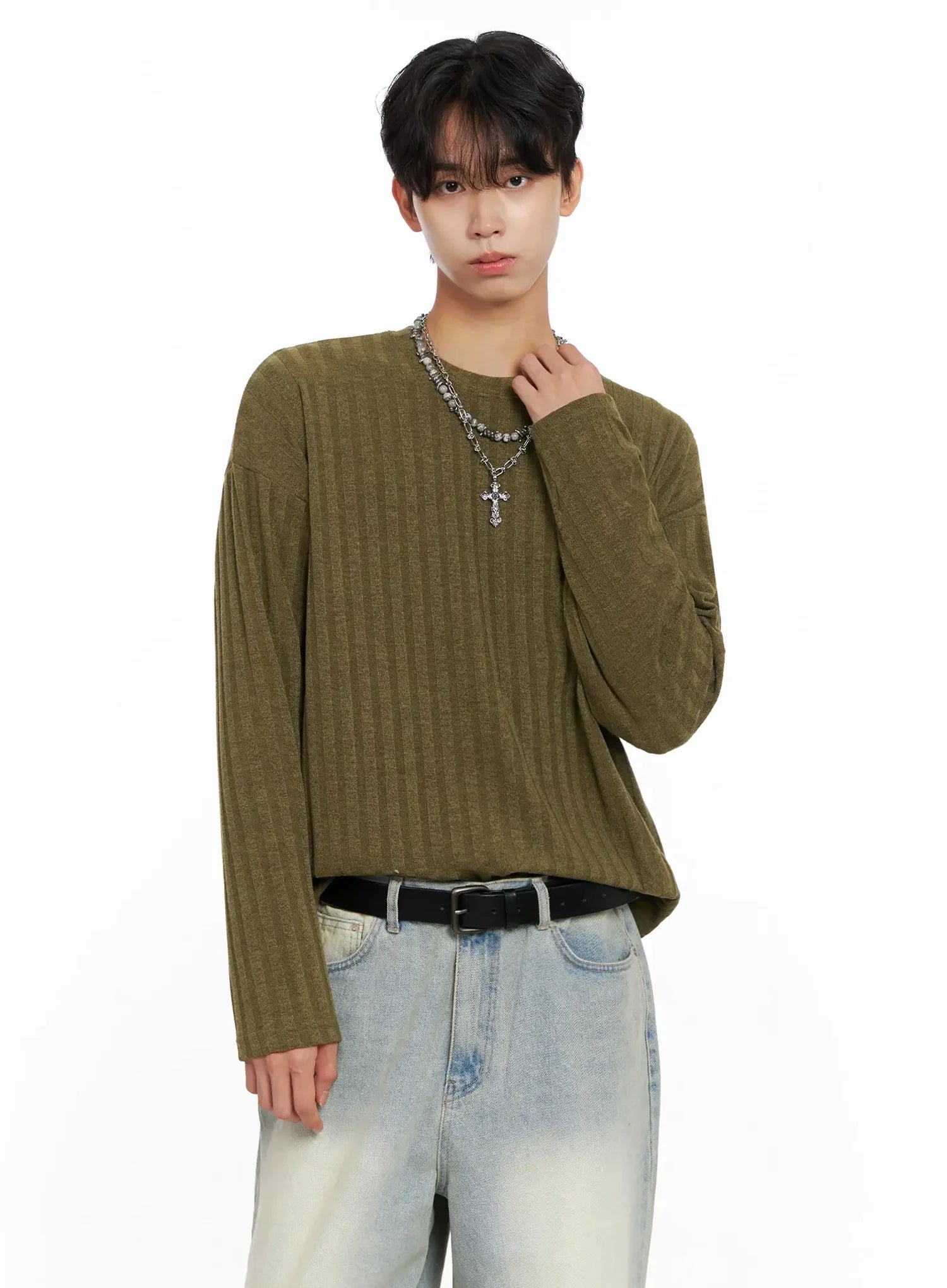 Men's Ribbed Knit Long Sleeve Shirt IO516