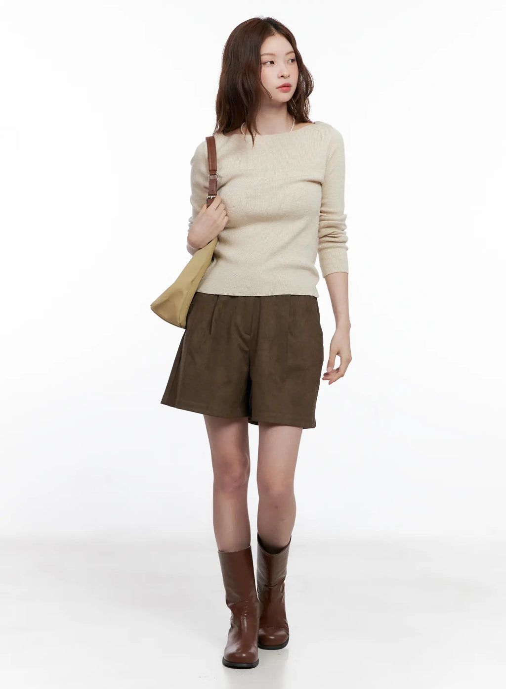 Brown Suede Pintuck Bermuda Shorts CG520