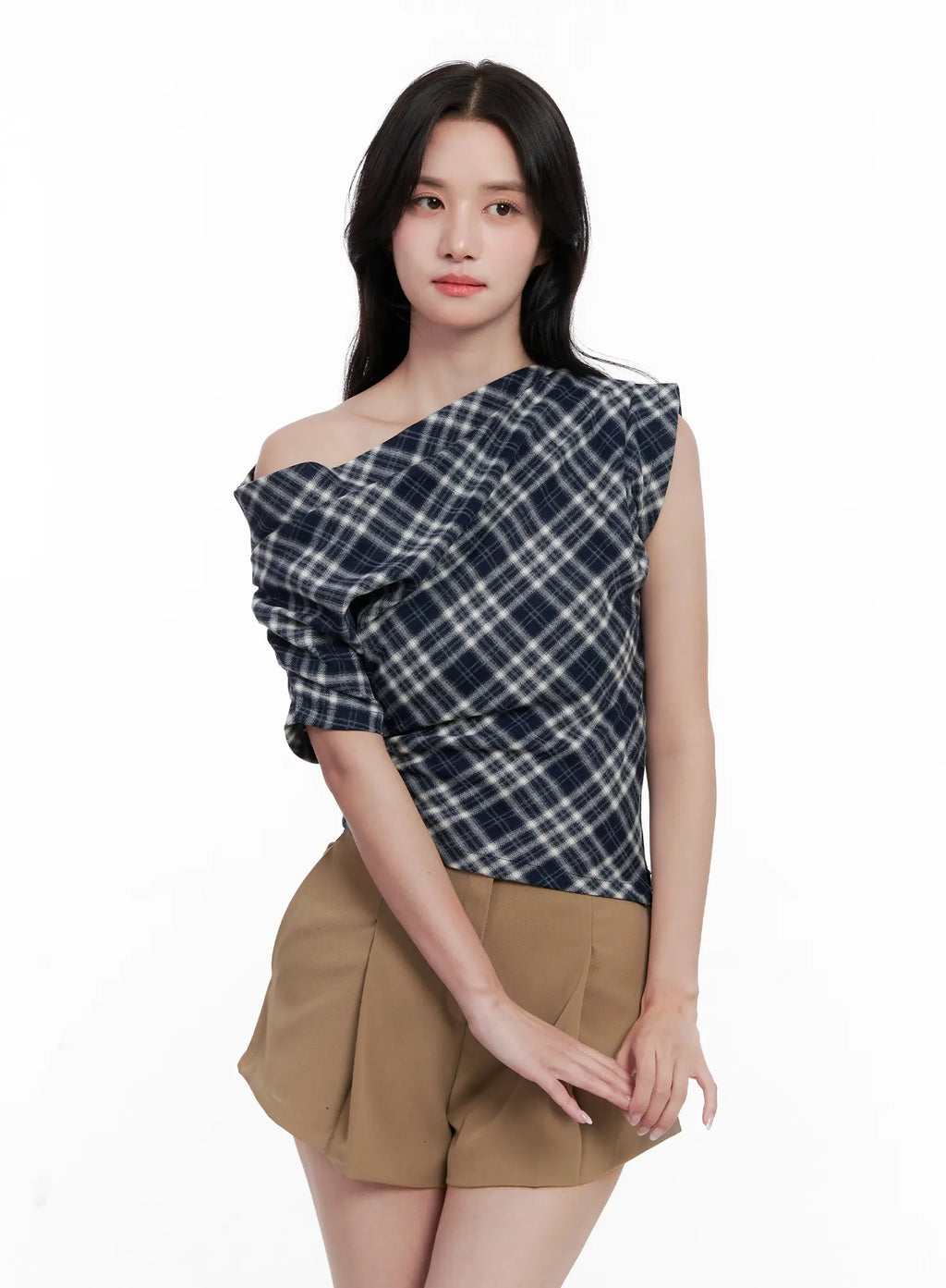 Plaid Asymmetric Ruched Off-Shoulder Top CL516