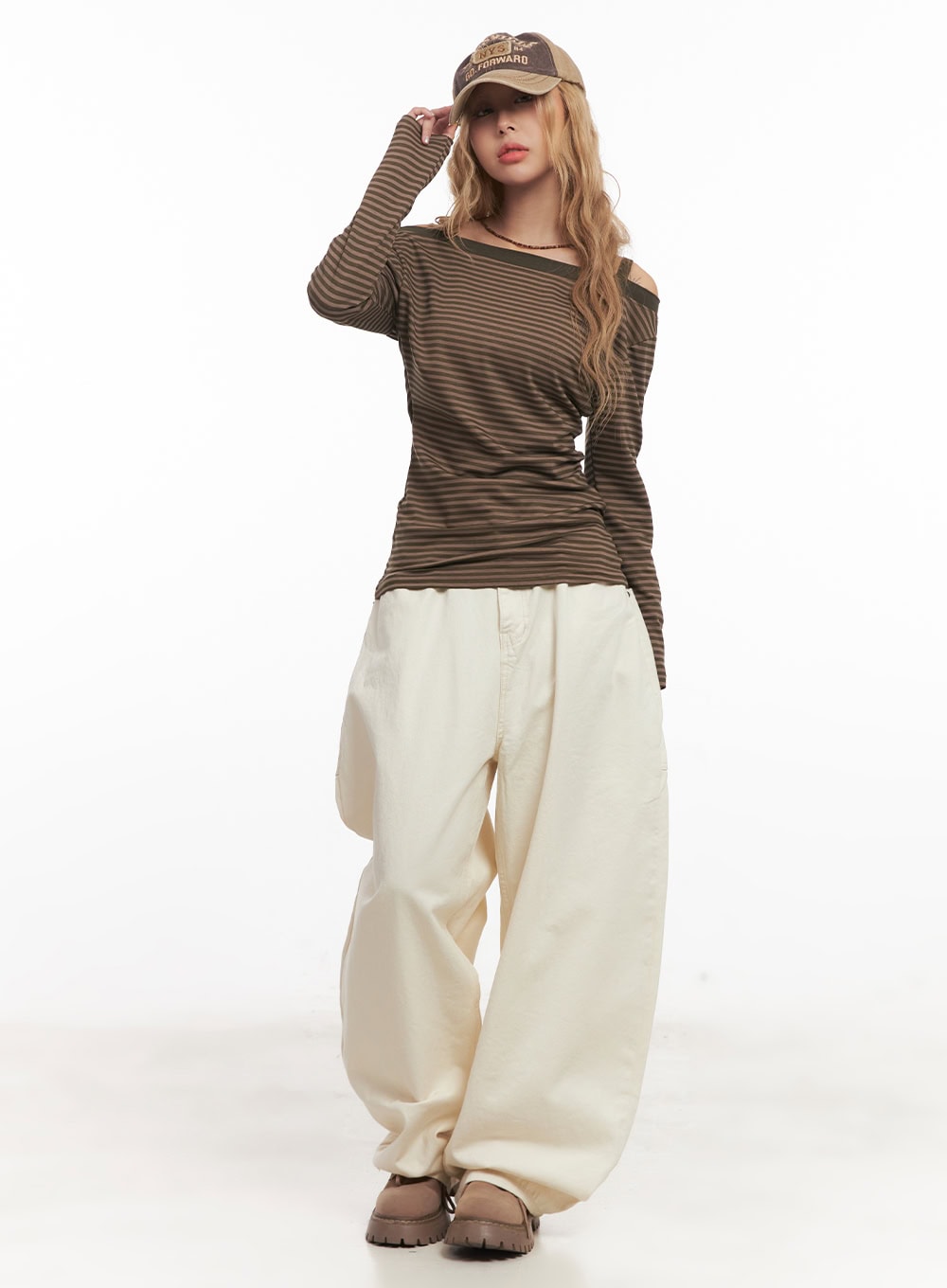 Striped Long-Sleeve Off-Shoulder Top CM506