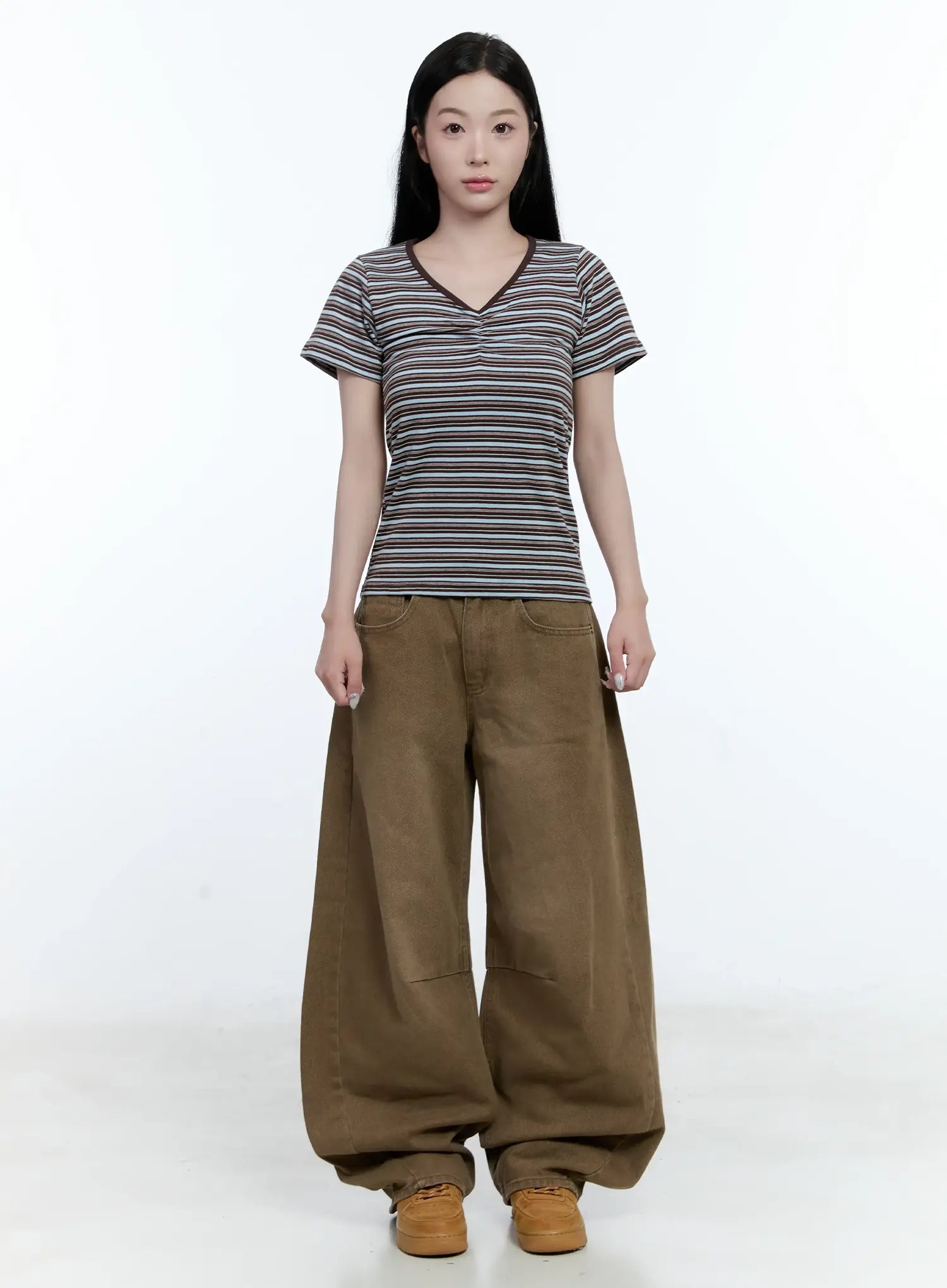 Striped V-Neck Shirred Tee CG501