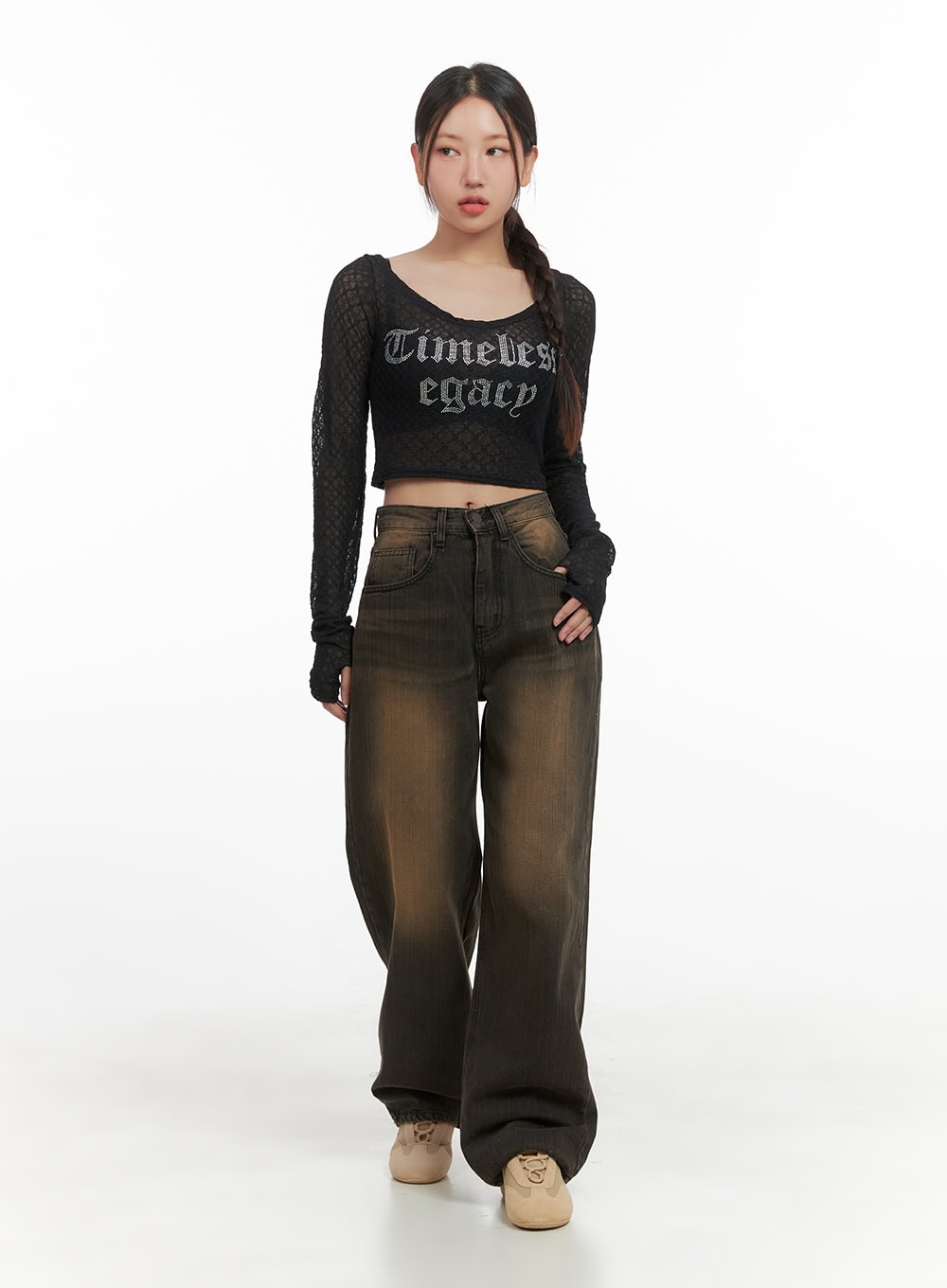 Lettering Mesh Crop Long Sleeve Tee CO404