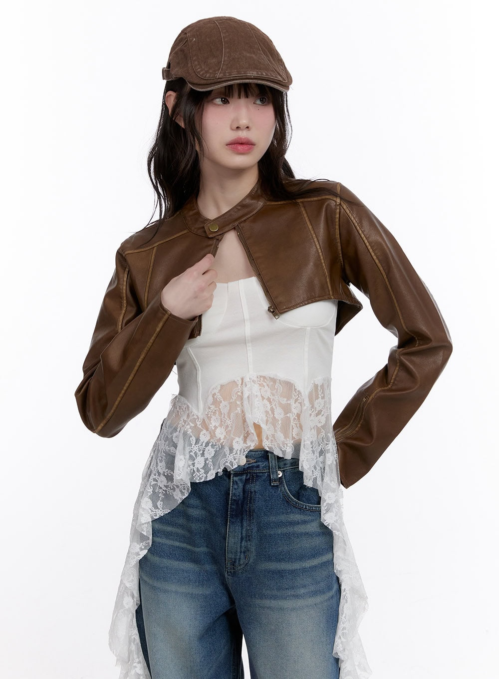 Stitched Faux-Leather Bolero Jacket CF511