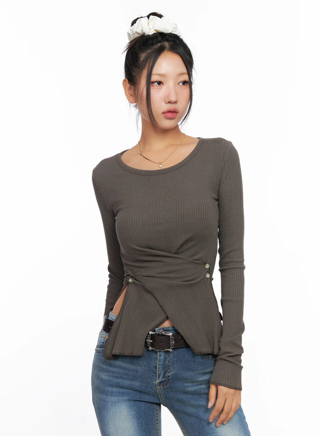 Ribbed U-Neck Button Detail Long Sleeve Top CO514