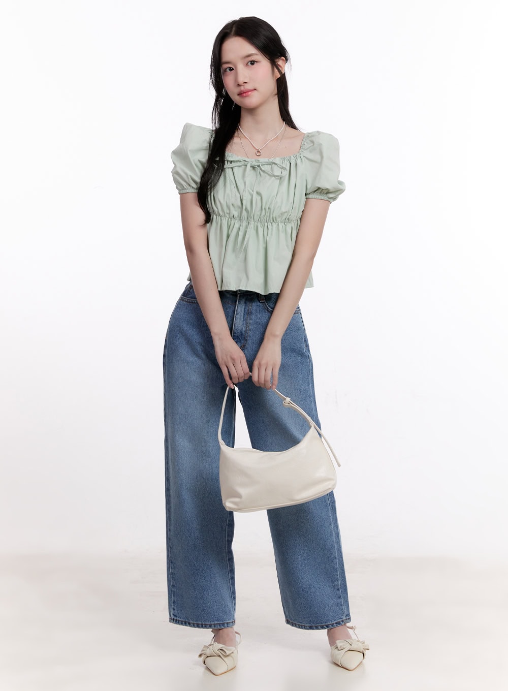 Ribbon Puff Sleeve Square Neck Top CM526