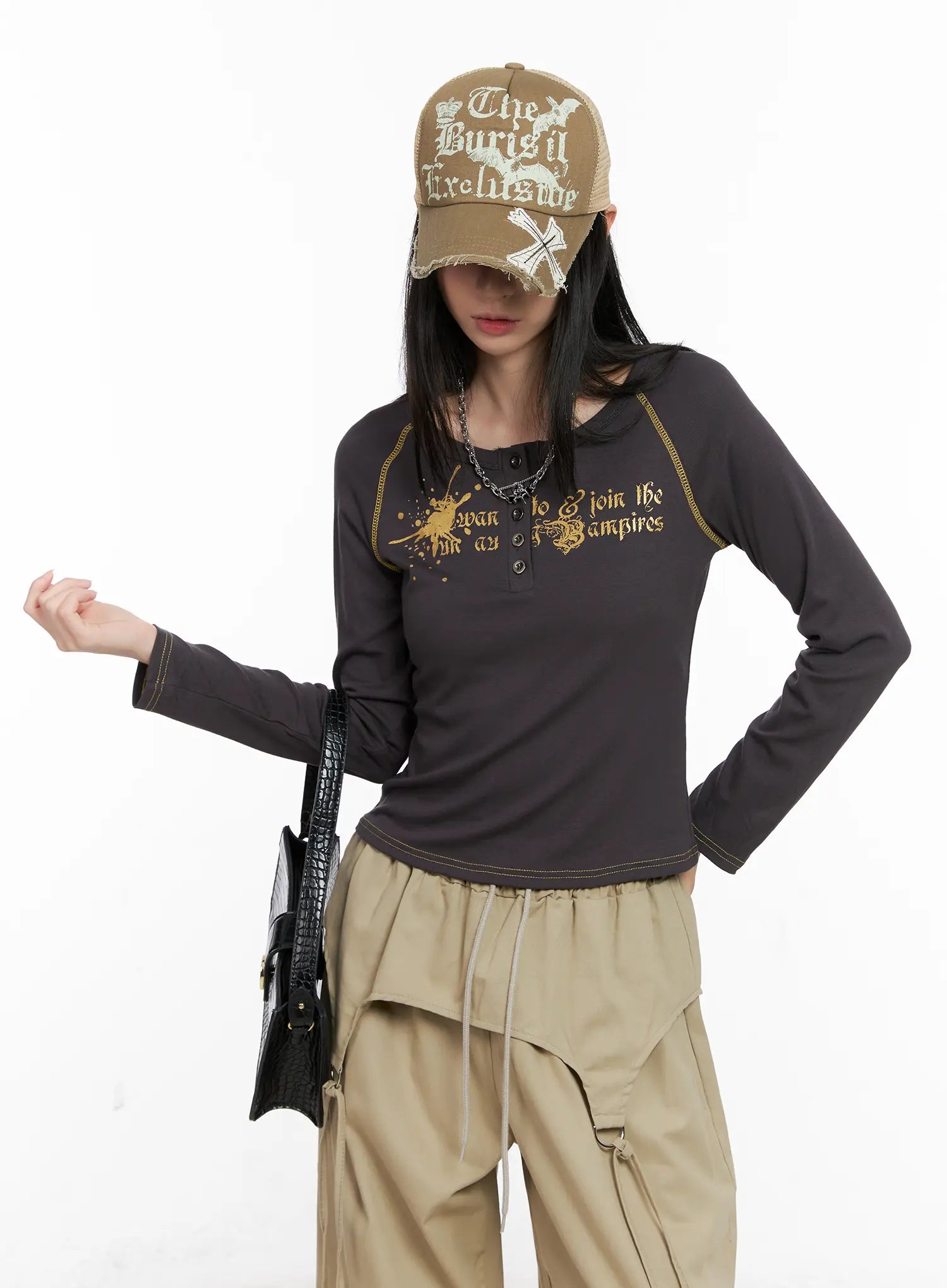 Tattoo Graphic U-Neck Long Sleeve Tee CG526