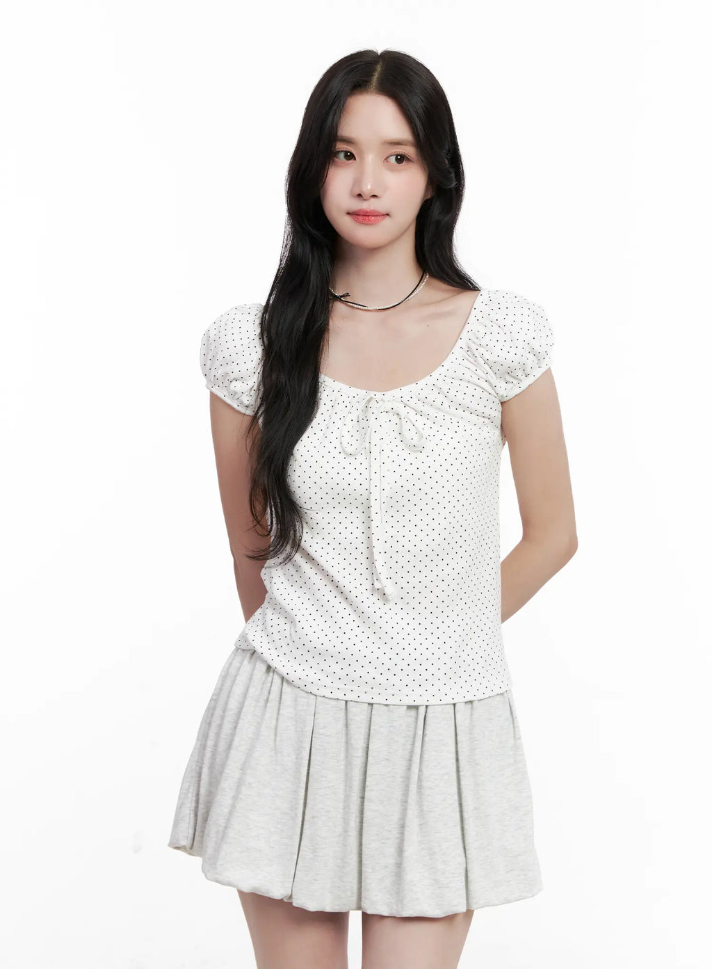 Polka Dot Puff-Sleeve Ribbon Top CL516