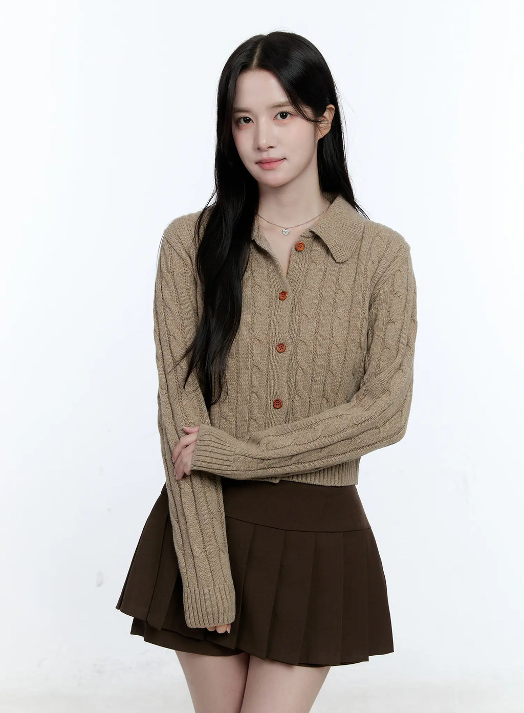 Button-Up Collared Cable Knit Cardigan CG514