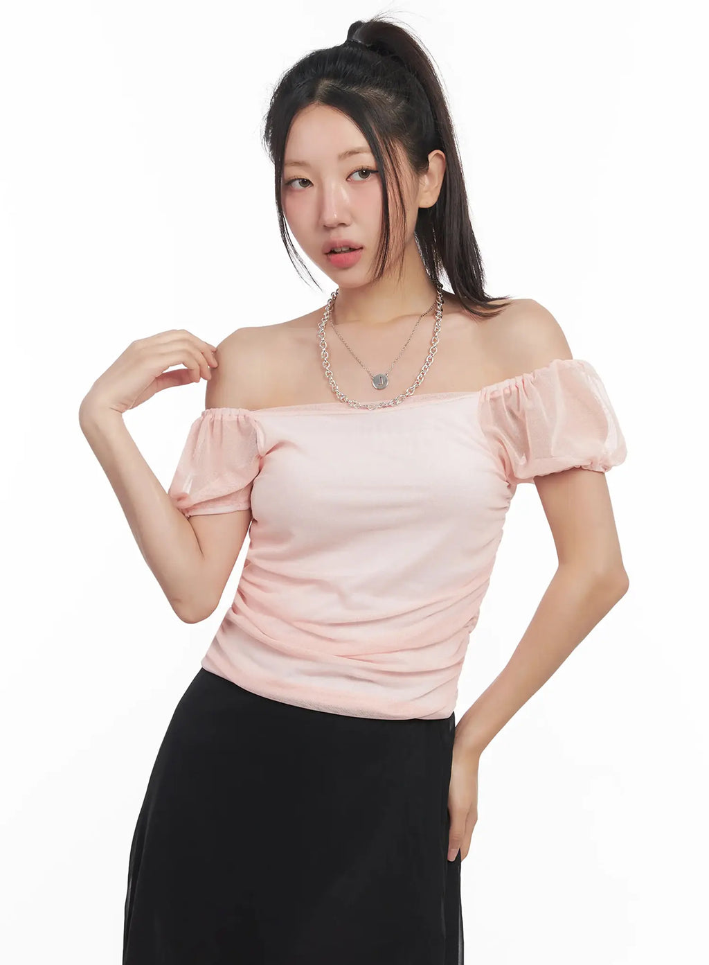 Sheer Puff-Sleeve Crop Top IU509