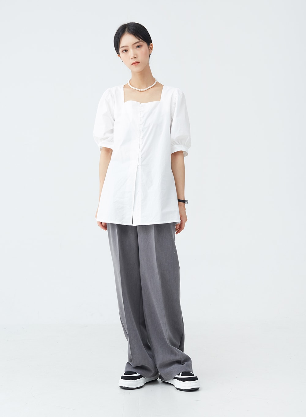 Square Neck Button-Down Slit Blouse OU19