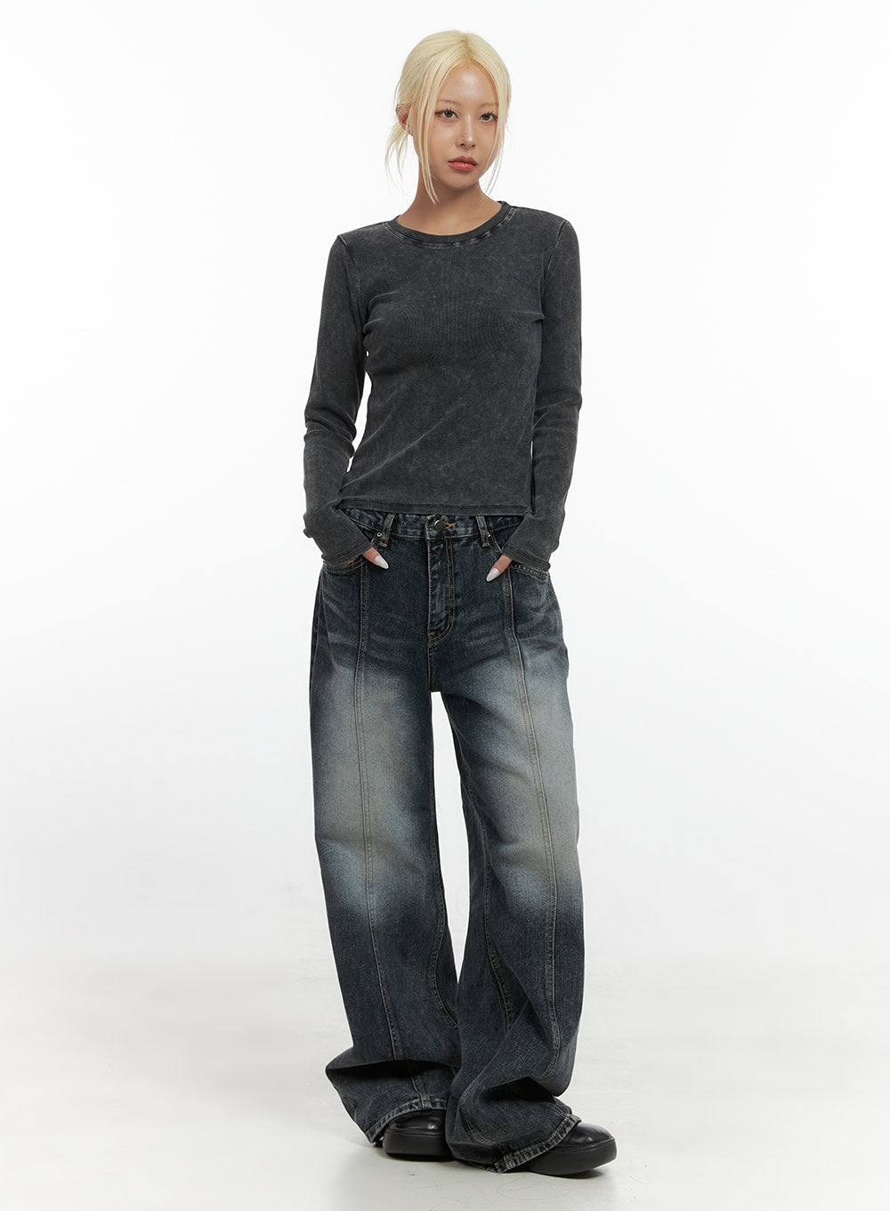 Kaya Stitch Detail Washed Baggy Denim Jeans CS426