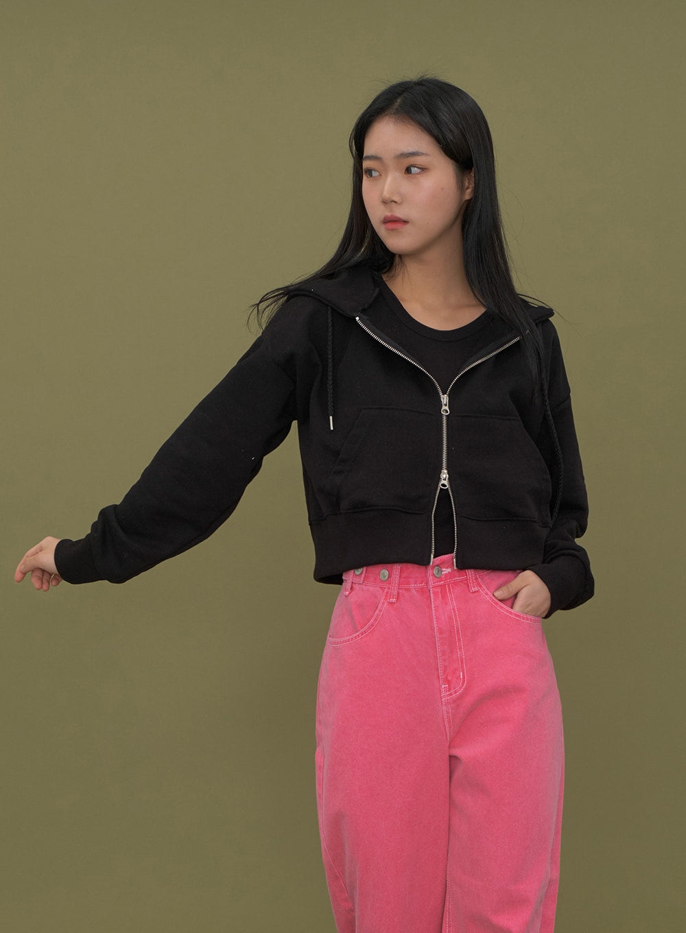 Two Way Cropped Hoodie Zip Up C2601