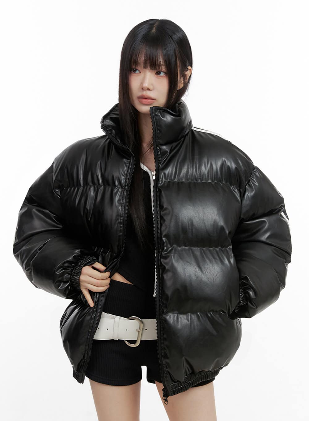 Oversized Stripe Leather Padded Coat IO430