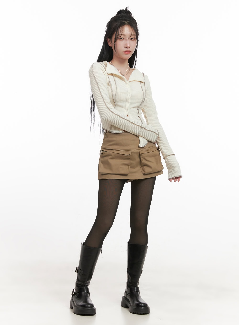 Stitched Collared Crop Cardigan CJ516