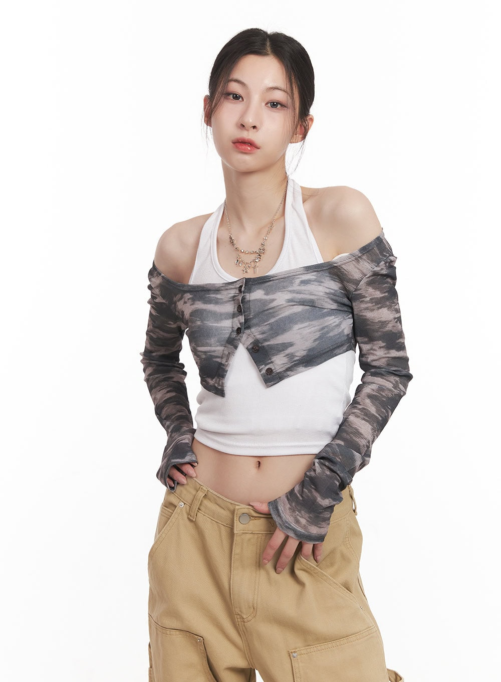 Camo Print Super Crop Cardigan CM517