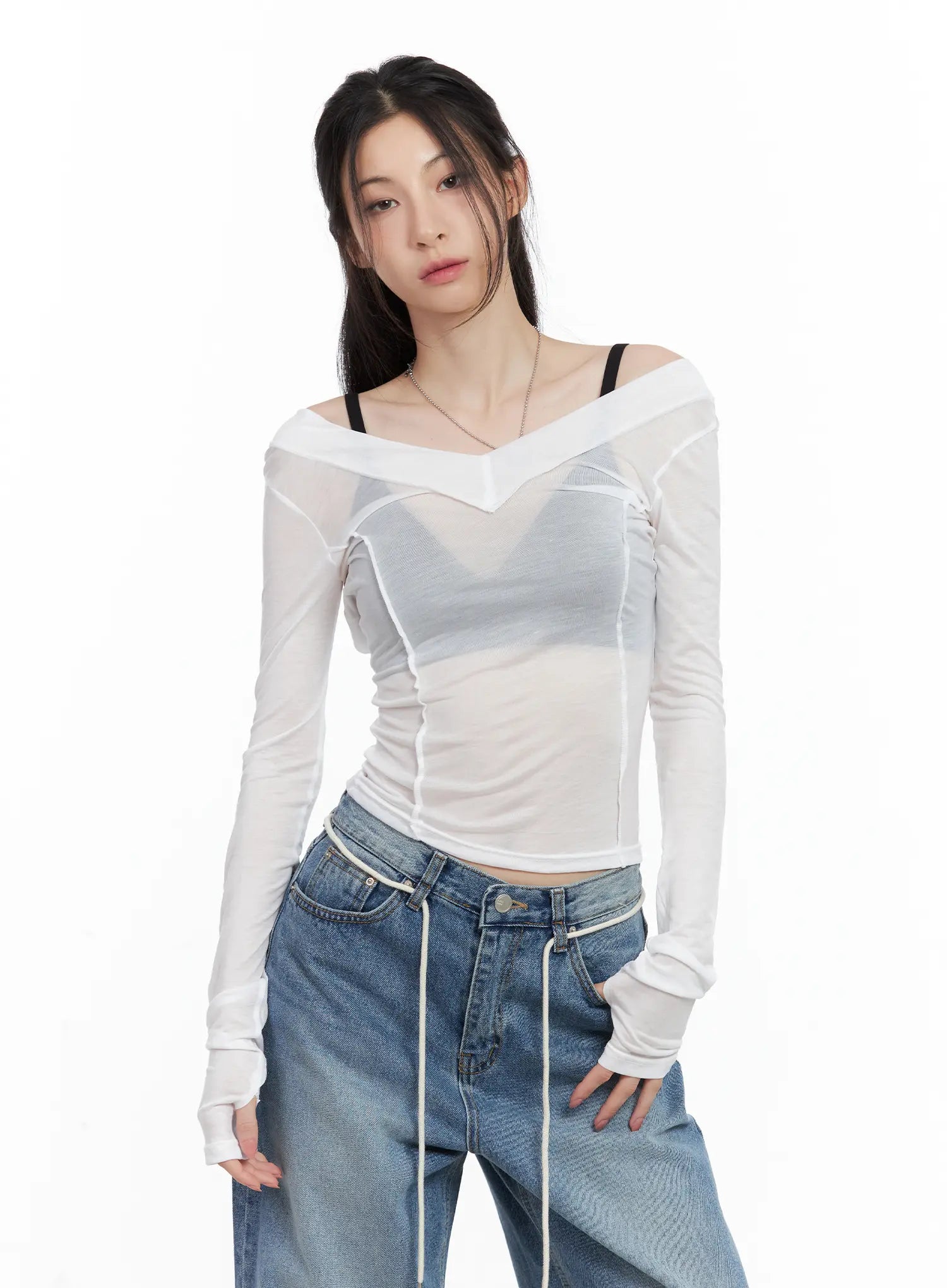 Sheer Back-Slit Long-Sleeve Tee CU530