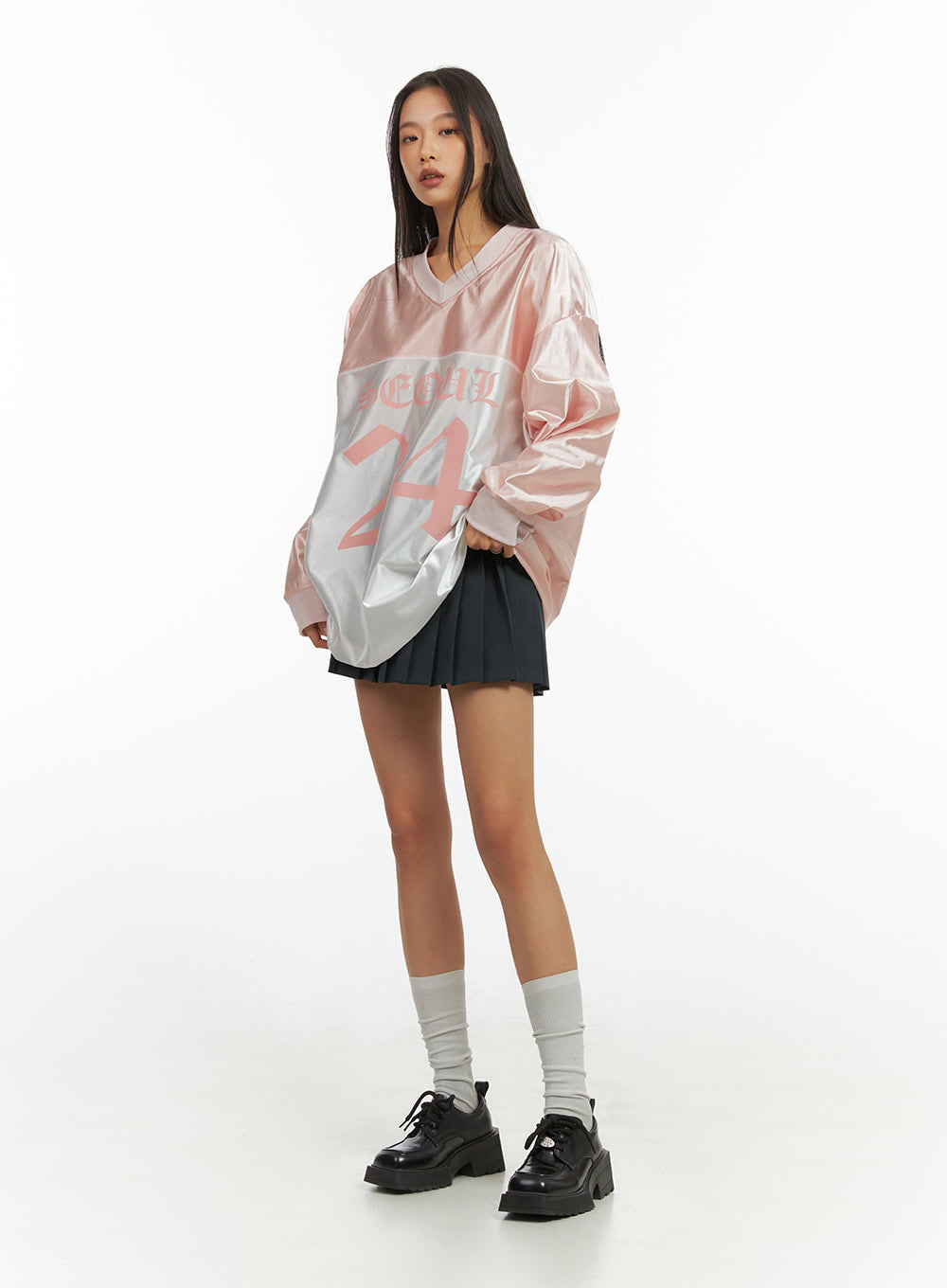 Pink Lettered Poly Sweat V-Neck Hoodie IO409