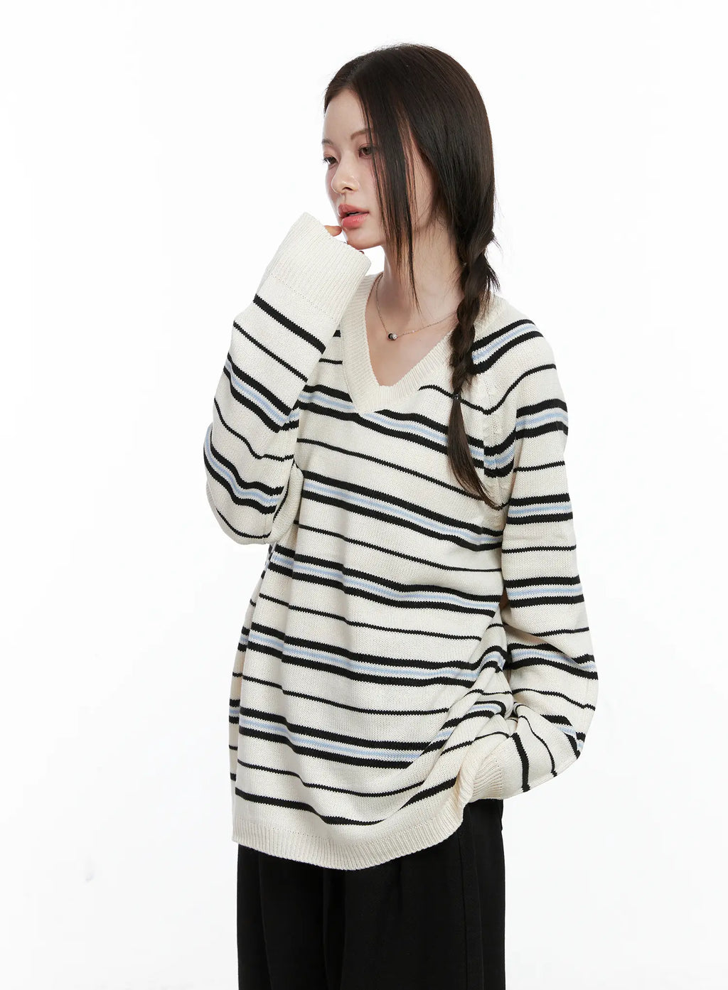 Oversized V-Neck Striped Knit Sweater CO503