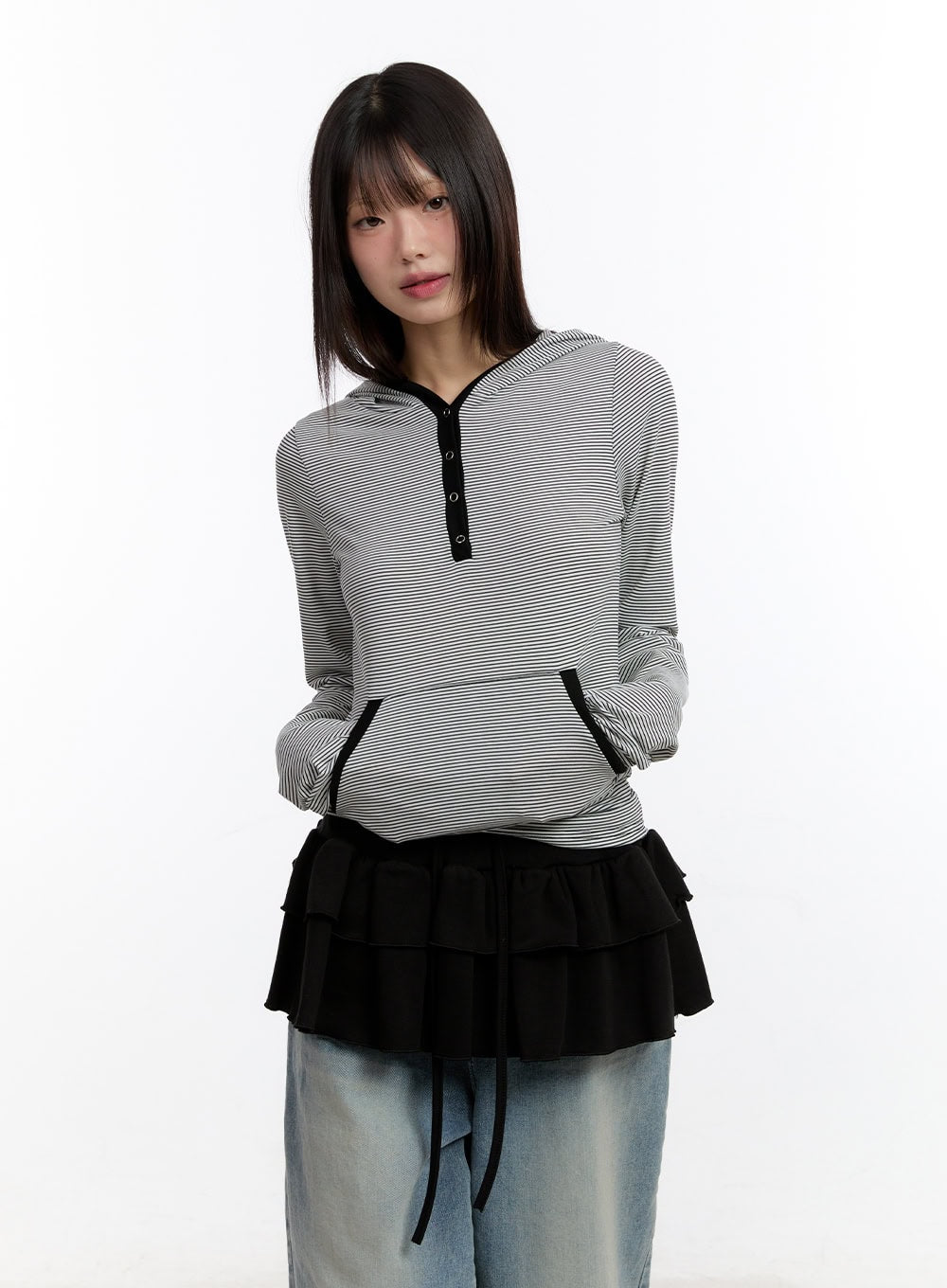 Button Stripe Hoodie Top CA508