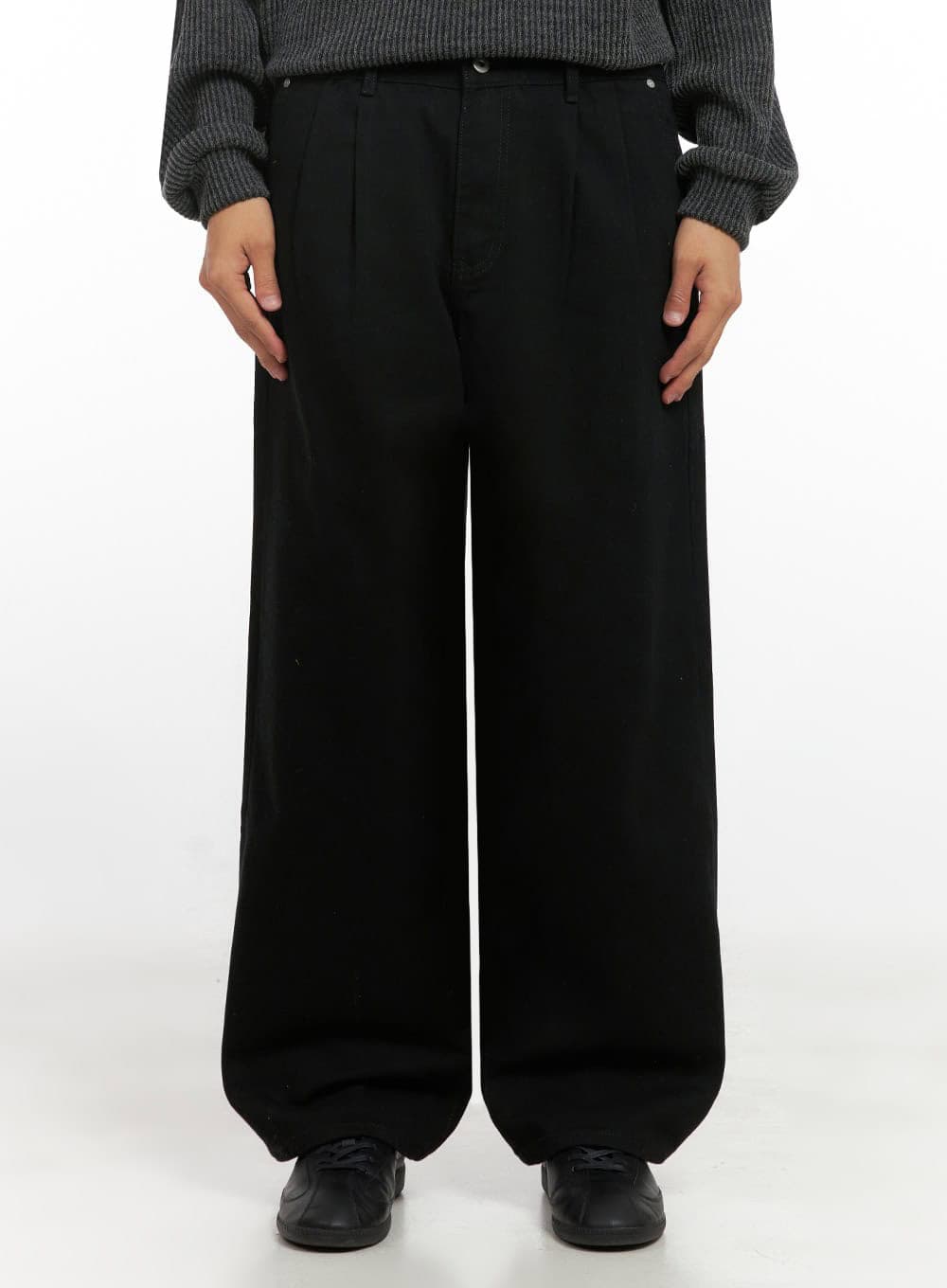 Men's Pintuck Wide Leg Cotton Pants (Black) ID413
