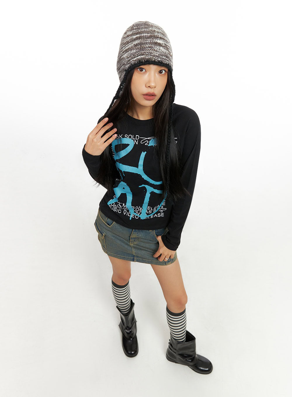 Cotton Graphic Round Neck Long Sleeve Top IO409