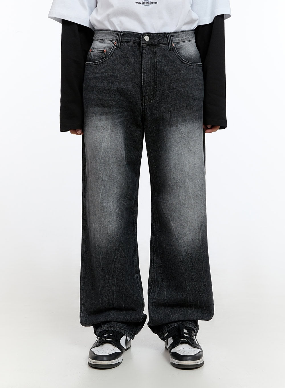 Men's Washed Black Denim Wide Jeans IS413