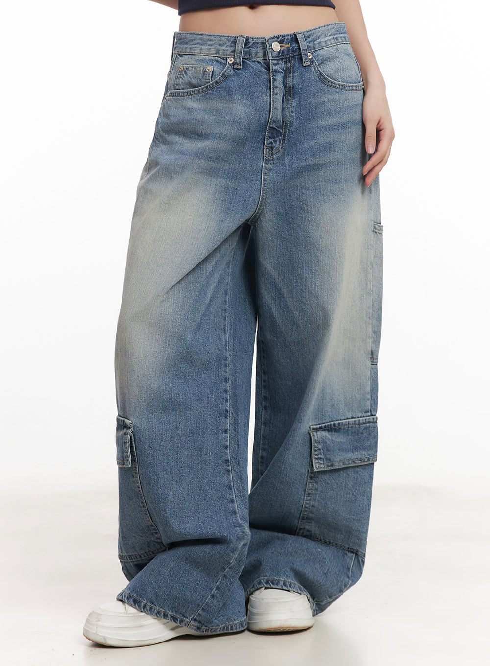 Heather Cargo Washed Wide-Leg Jeans IM528