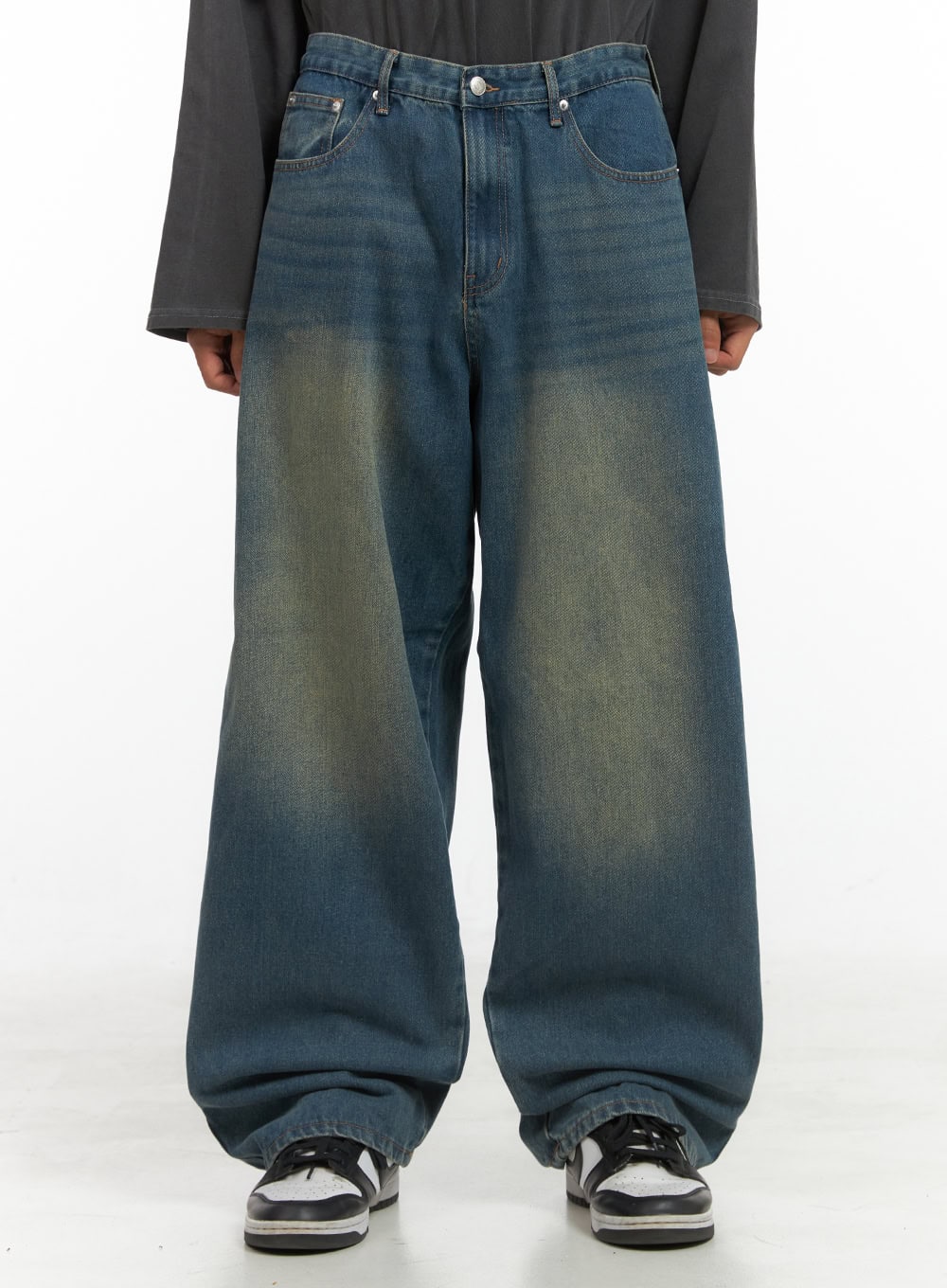 Men's Washed Cotton Wide Leg Jeans (Dark blue) IS420