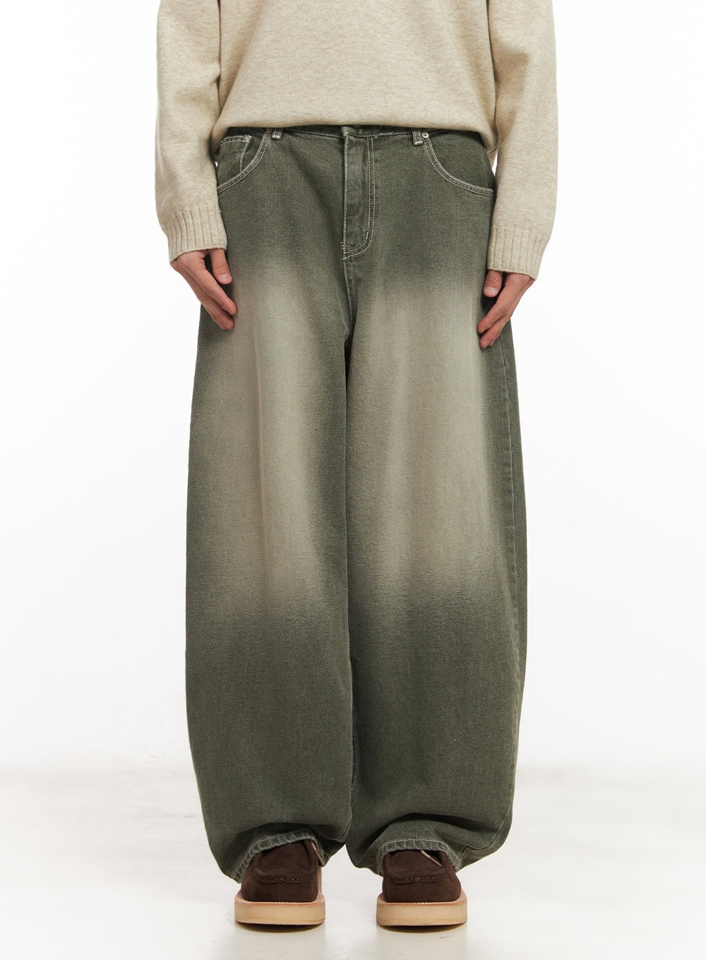 Men's Wide-Fit Washed Jeans (Dark Green) IM519