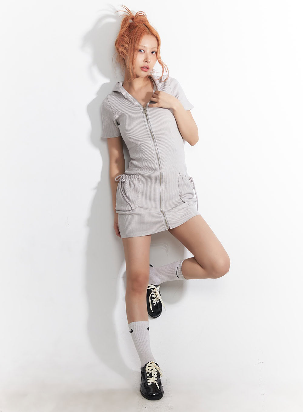 Ribbed Zip-Up Hooded Mini Dress IA517