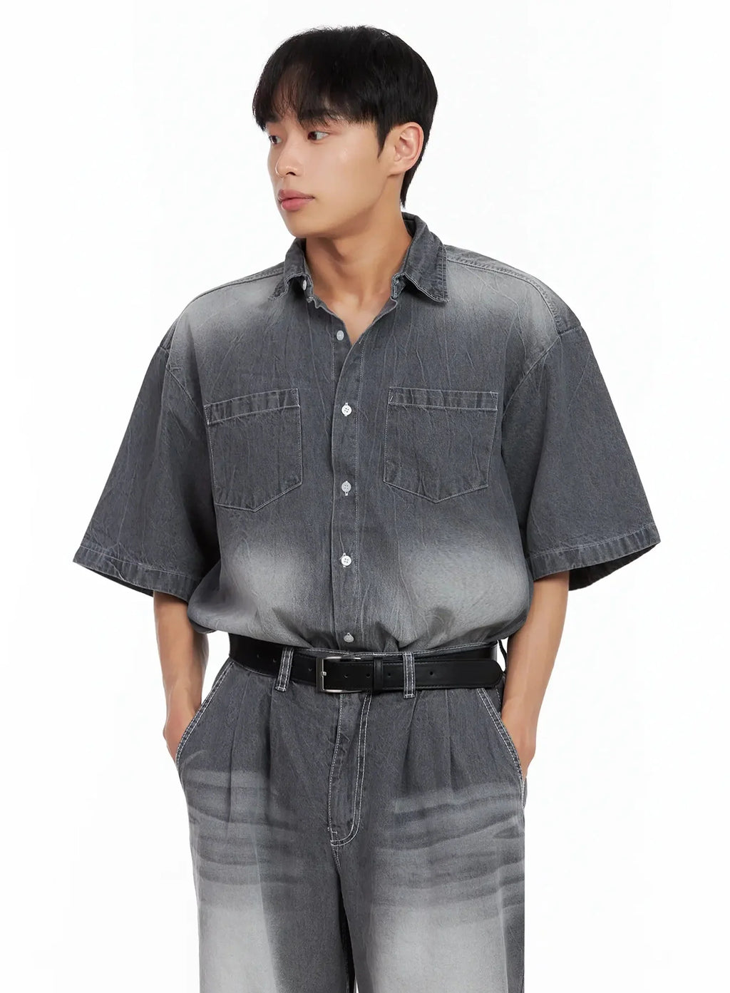 Men's Washed Denim Button-Up Top IL516