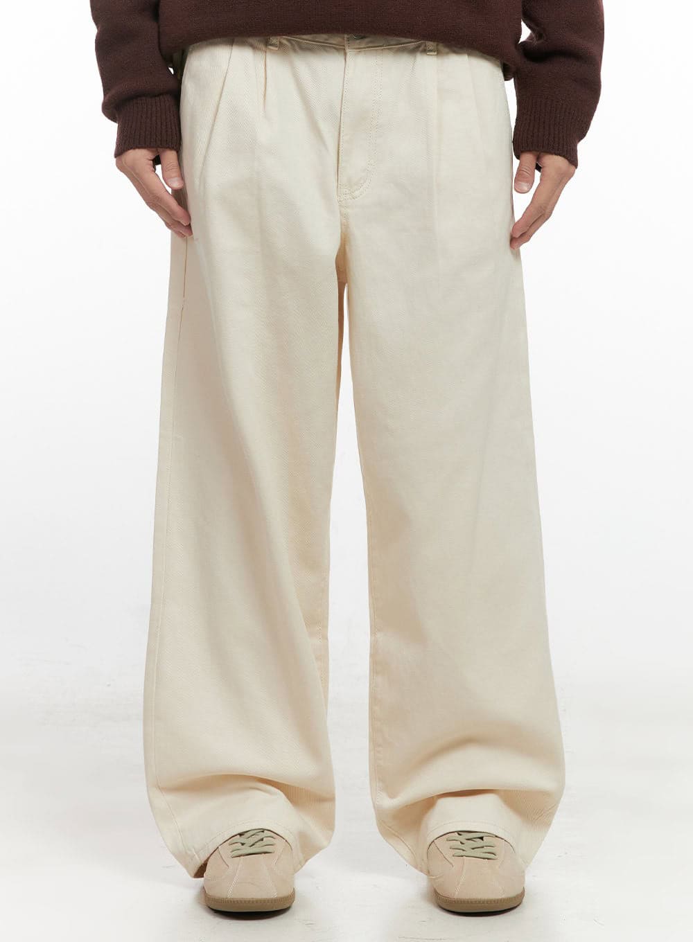 Men's Pintuck Wide Leg Cotton Pants (Light beige) ID413