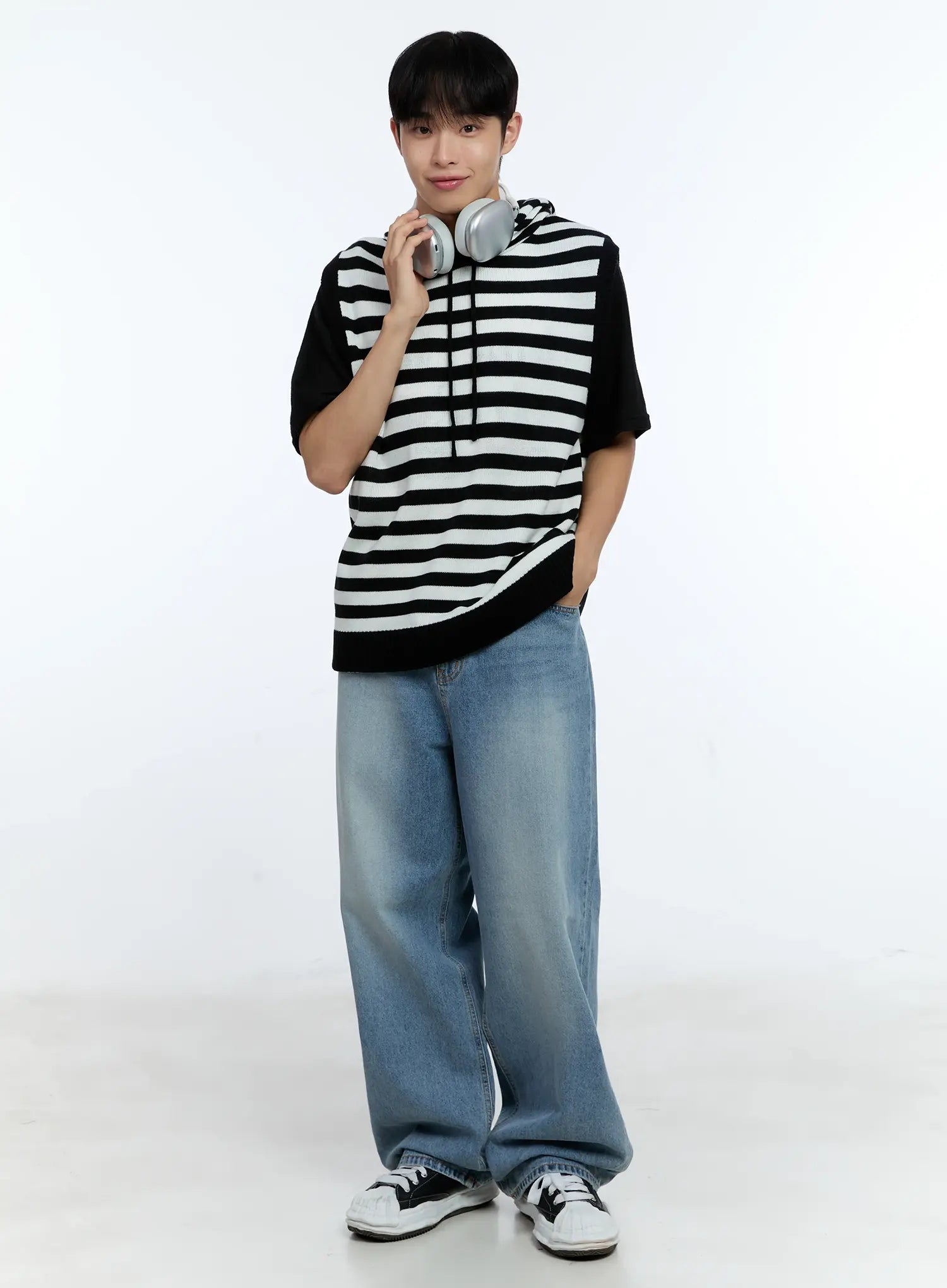 Men's Striped Knit Sleeveless Hoodie IG515