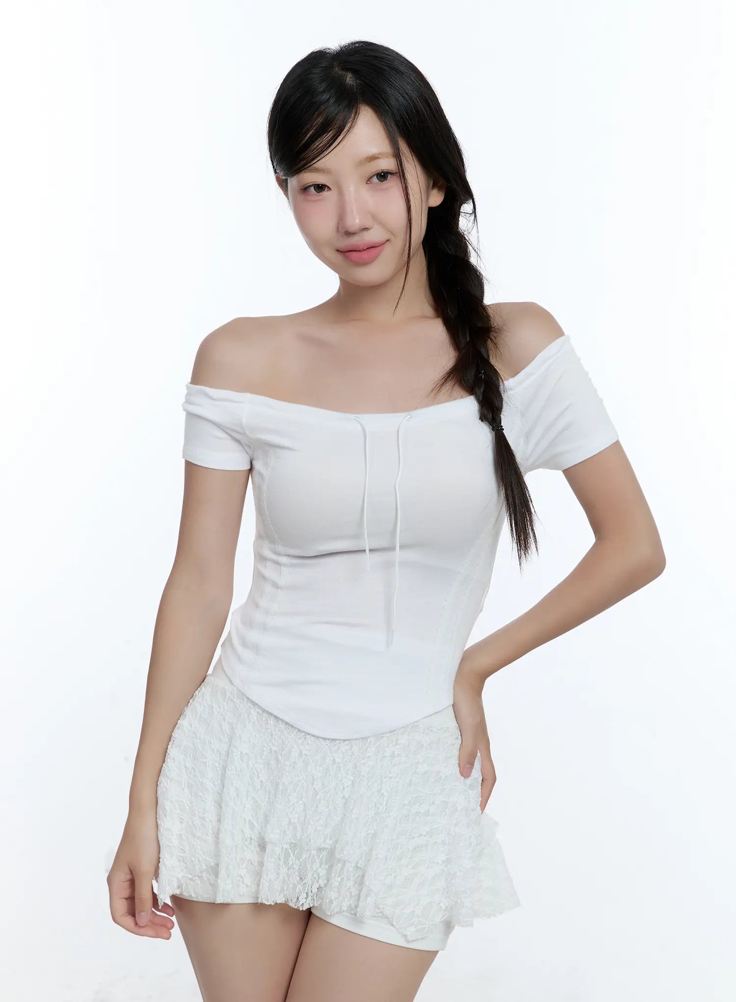 String Detail Off-Shoulder Crop Top CU527