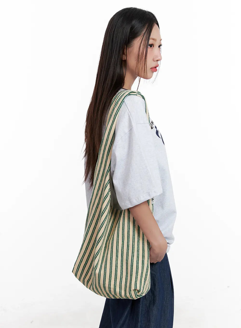 Striped Cotton Shoulder Tote Bag CL522