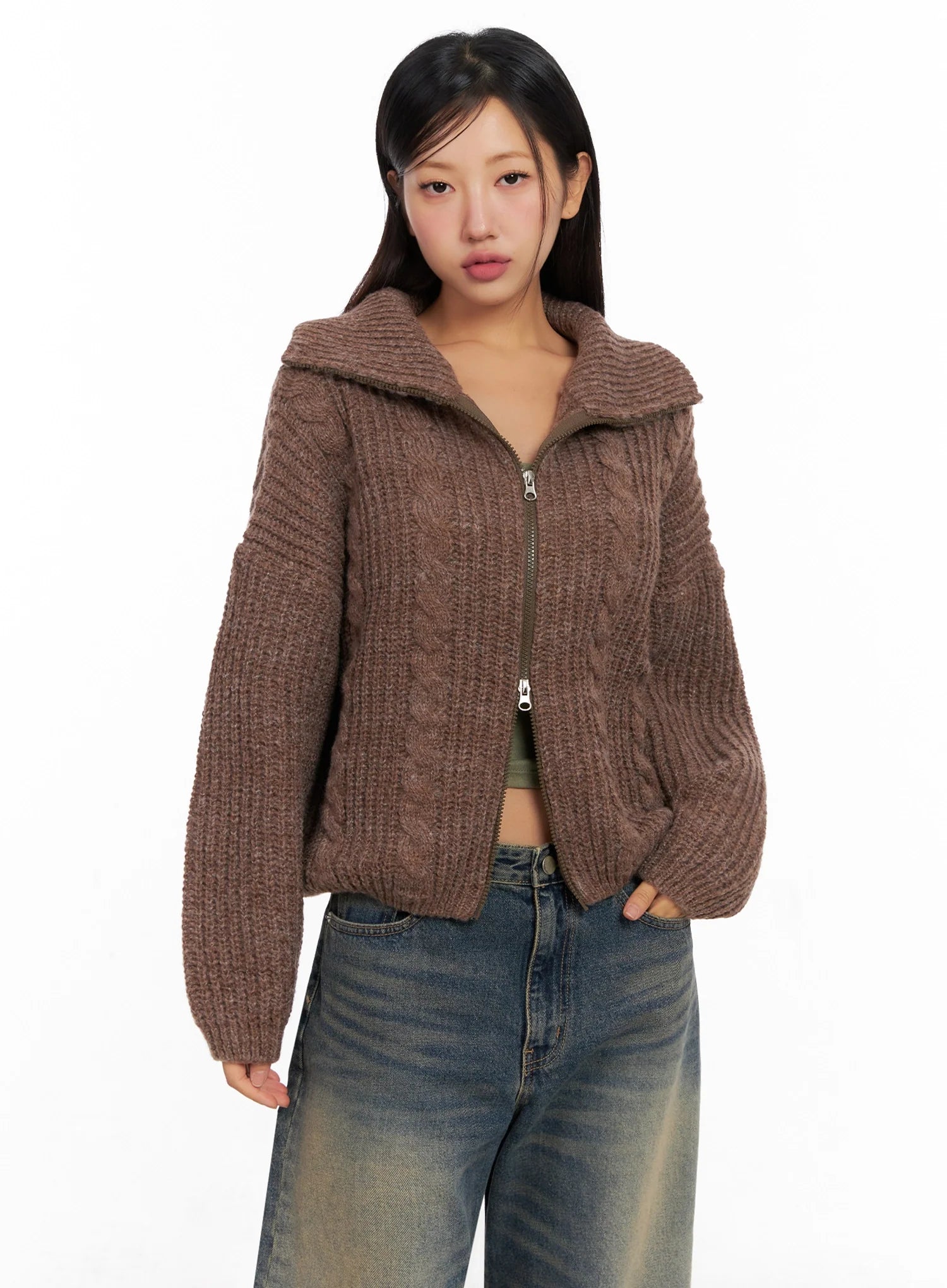 Chunky Knit Twist Zip-Up Cardigan IG528