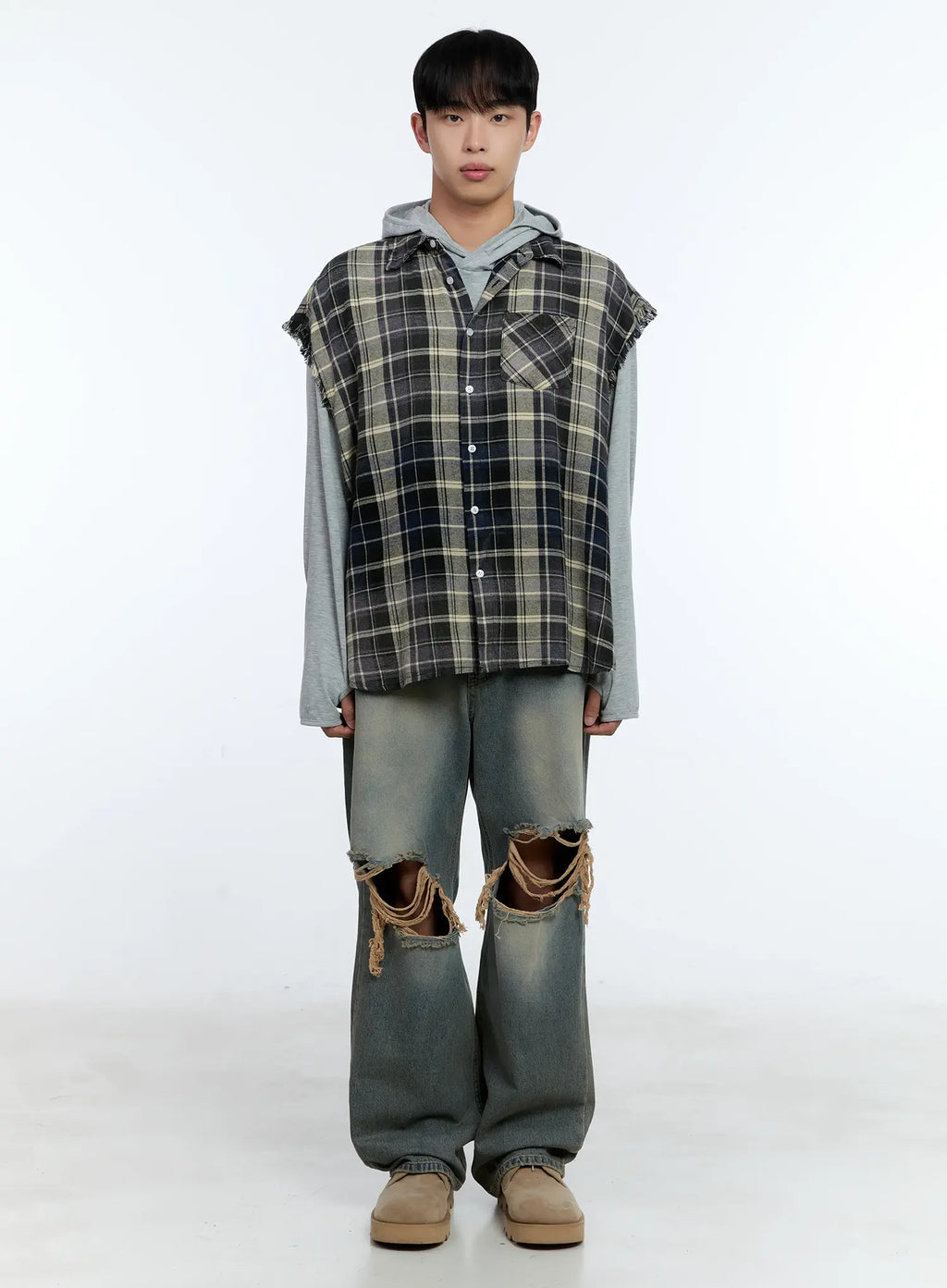 Men's Distressed Plaid Shirt Vest IL517