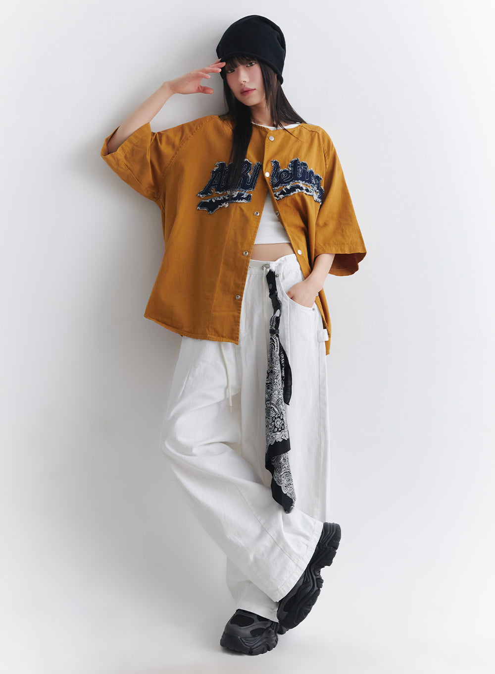 Oversized Patchwork Button-Up Shirt IA528