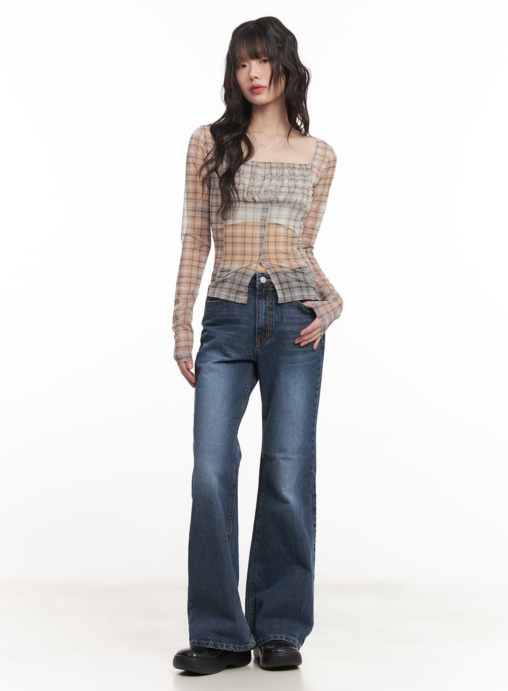 Sheer Checkered Square Neck Crop Top CM520