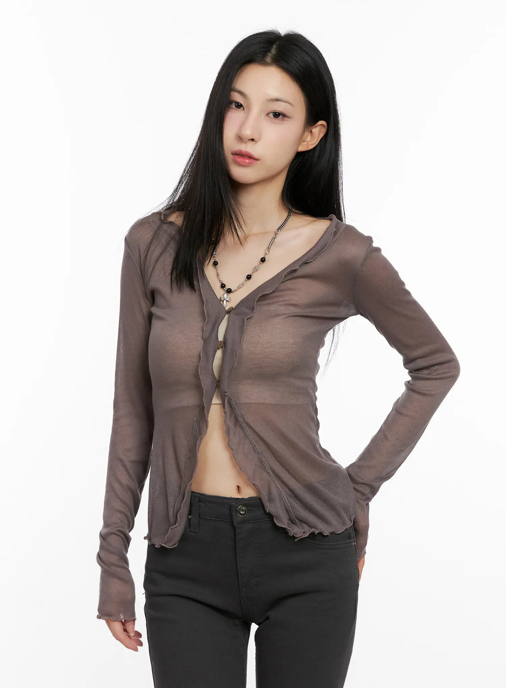 Sheer Ruffle Long Sleeve Cardigan CG522