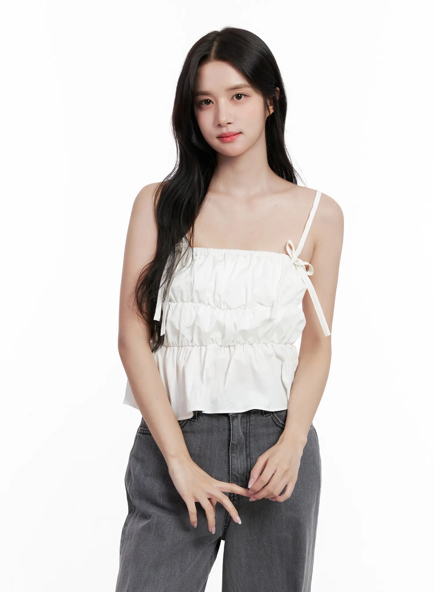 Ribbon Strap Ruffle Scrunch Tank CL516