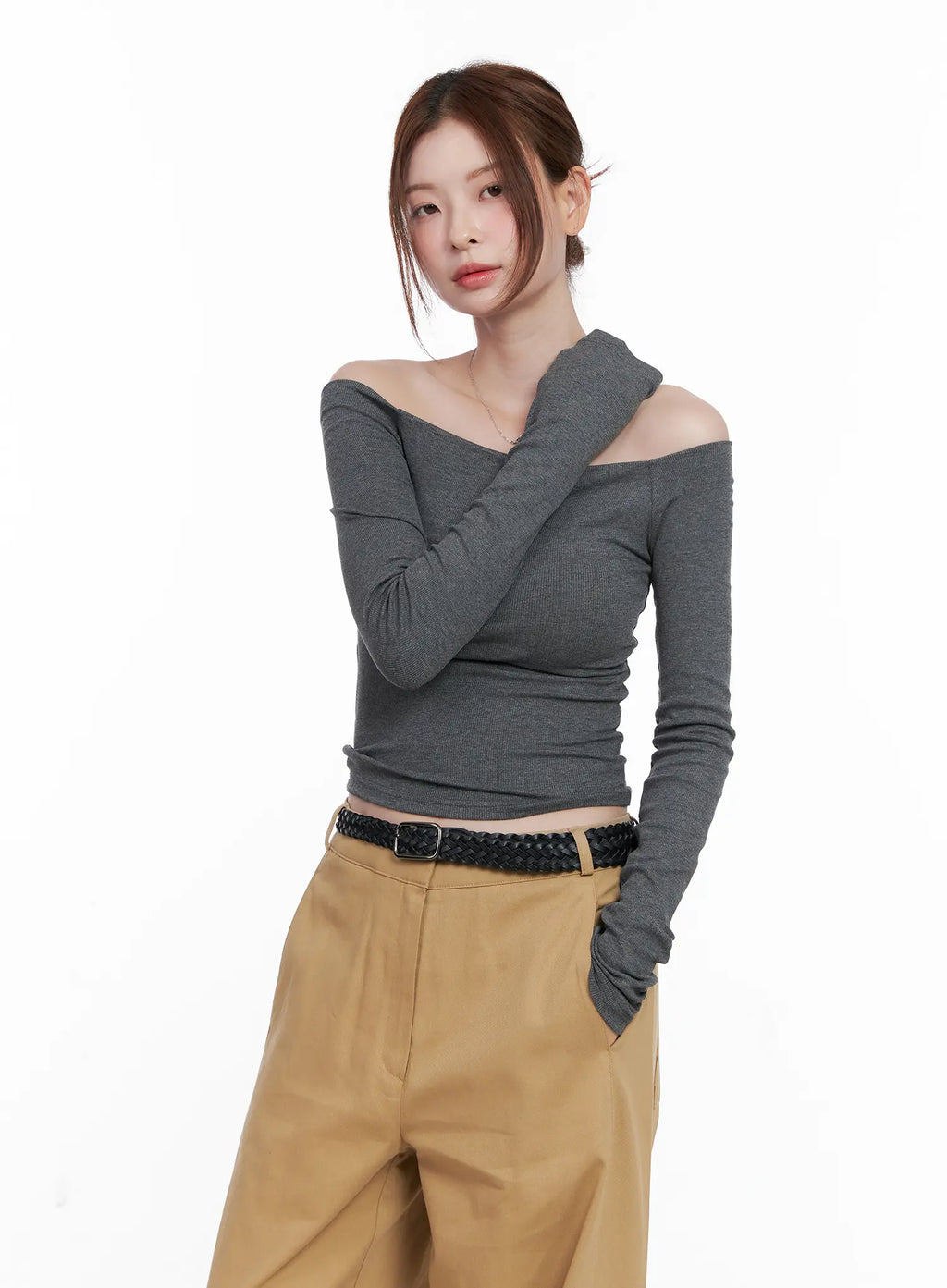 Ribbed Off-Shoulder Long Sleeve Top CG520