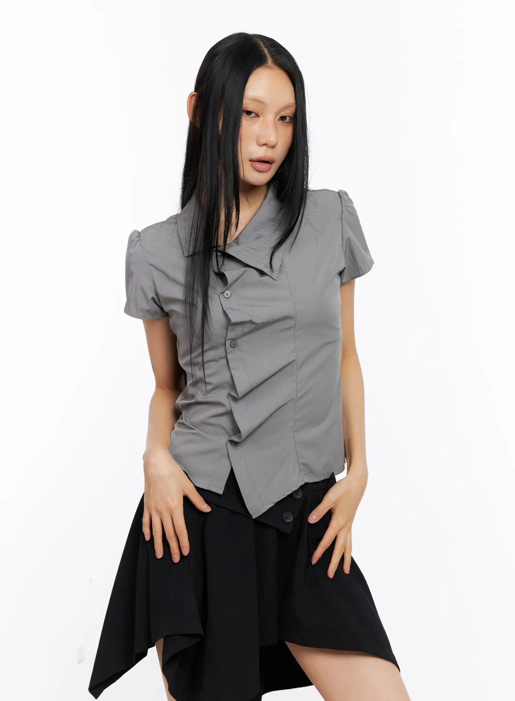 Asymmetric Collar Button-Down Blouse CL530